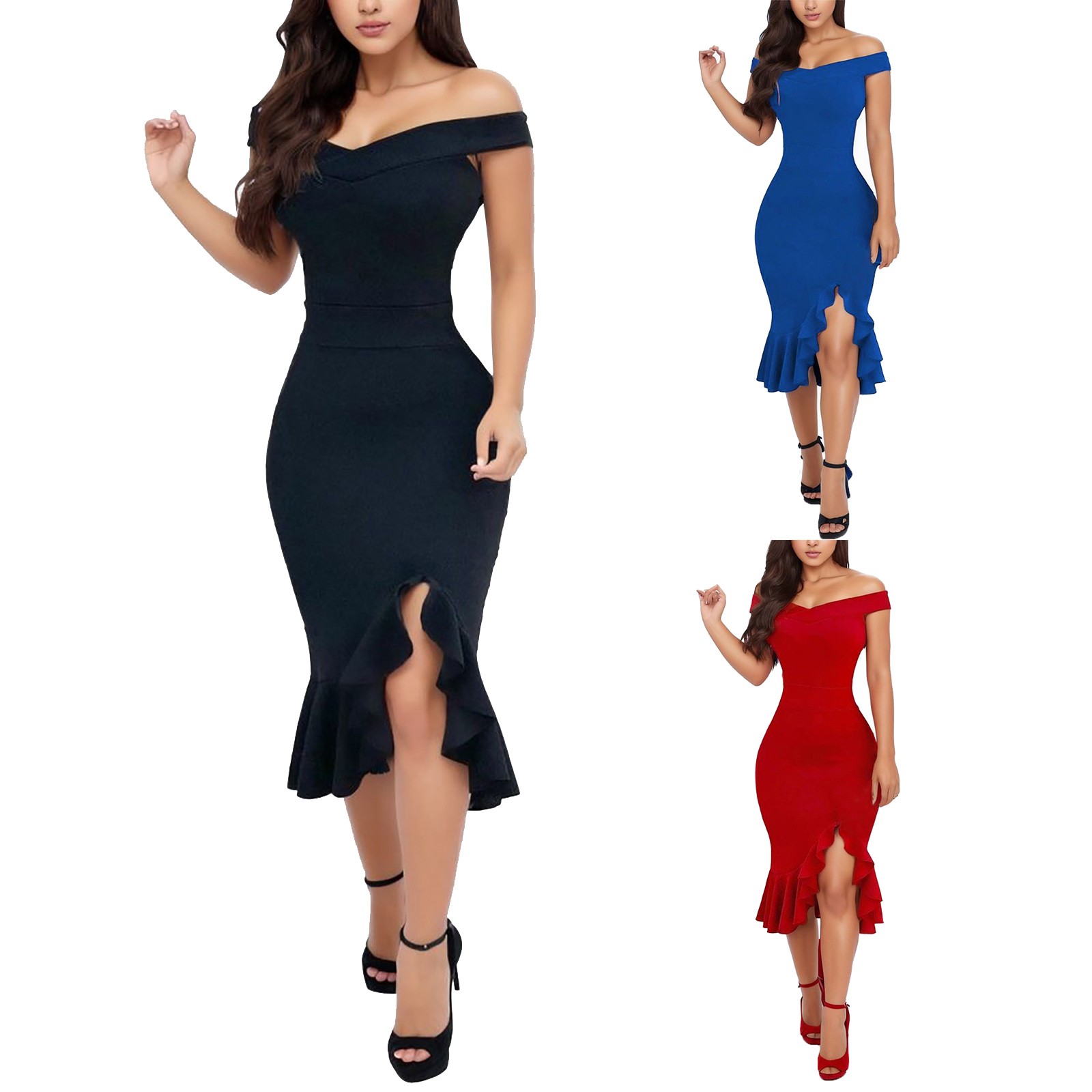 thumbnail image 3 of Vestido informal de invierno para mujer con hombros descubiertos, bajo con abertura, volantes, manga larga y cuello en V., 3 of 7